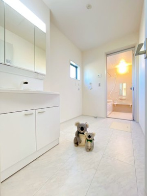 【独立洗面台】 | 高崎市寺尾町　新築住宅 | 忙しい朝でも収納力のある洗面台で効率良く身支度ができます。大きな鏡で身だしなみチェックも。洗濯機置き場横にスペースがあるのでちょっとした収納家具を置いても◎