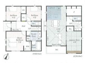 【間取り】 | 中央区淵野辺本町4丁目  1号棟 第3 | 都市ガス　網戸標準仕様　シャッター3箇所付　Ｗロックタグキー（FamiLock）　食洗機・浄水器　カップボード　浴室乾燥機　室内物干し　宅配BOX付機能門柱