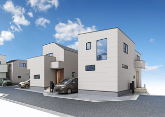 【外観パース】 | 【仲介手数料無料！！】府中市住吉町1丁目　新築戸建て（全6棟）6号棟　4690万円 | 本パースは、イメージ図につき、風景、建物、植栽などについては施工後の現物との差異が生じます
つきまして本パースによって生じたいかなる損害については一切責任を負いません