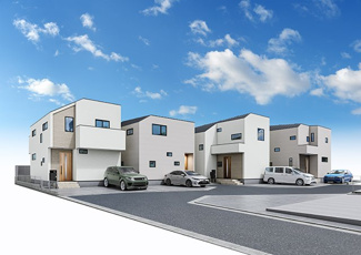 【外観パース】 | 【仲介手数料無料！！】府中市住吉町1丁目　新築戸建て（全6棟）6号棟　4690万円 | 本パースは、イメージ図につき、風景、建物、植栽などについては施工後の現物との差異が生じます
つきまして本パースによって生じたいかなる損害については一切責任を負いません