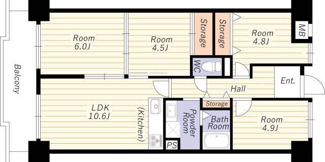 【間取り】 | ユニライフ北大阪２号棟 | 南西向き・陽当り通風良好・４ＬＤＫ・エレベーター停止階