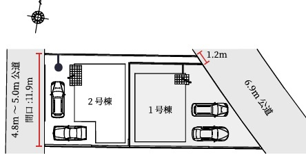 「5LDK」「並列2台駐車可」西岡10期 1号棟の区画図