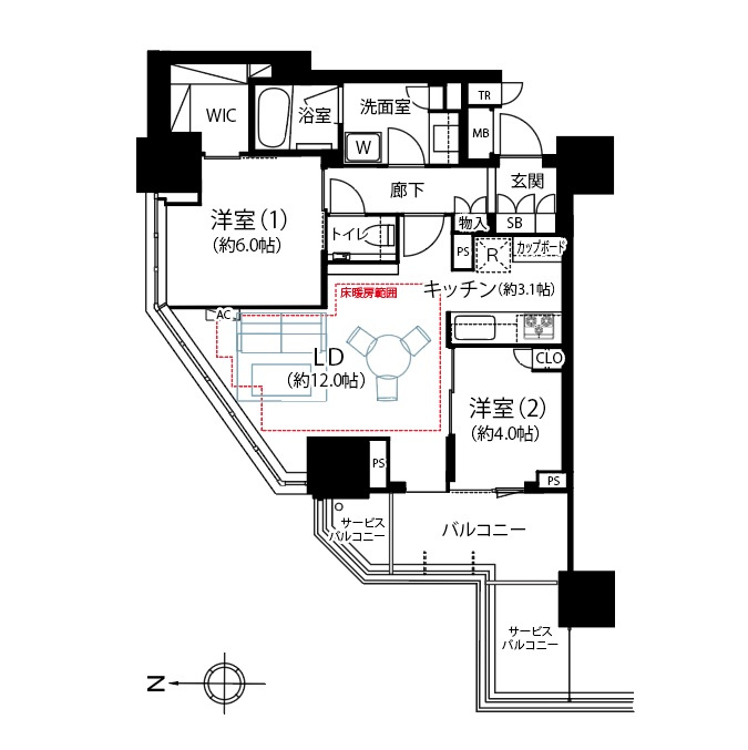 ブリリアタワー池袋ウエストの間取り|専有面積64.14㎡の2LDK 18階部分角住戸 リビングダイニングには床暖房を完備しております
