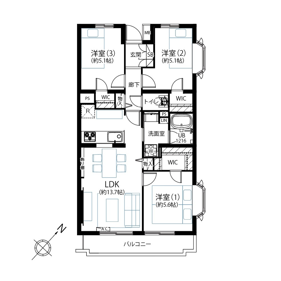 ユニーブル成増A棟の間取り|専有面積66.75㎡の3LDK 3方角住戸につき陽当たり・通風良好 各居室にWICがあり、収納も豊富です