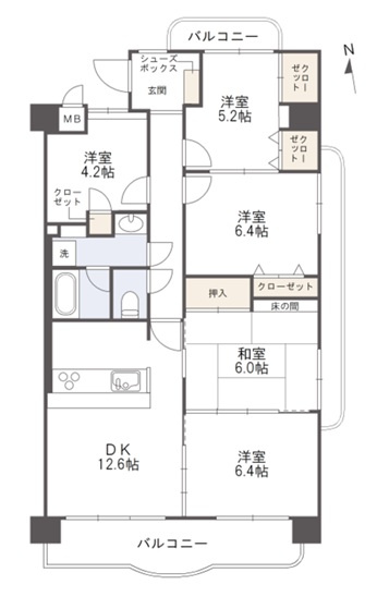 サントノーレ介良の間取り|約８９㎡の５ＤＫ。南側洋室はダイニングと一体で使用することもできます。