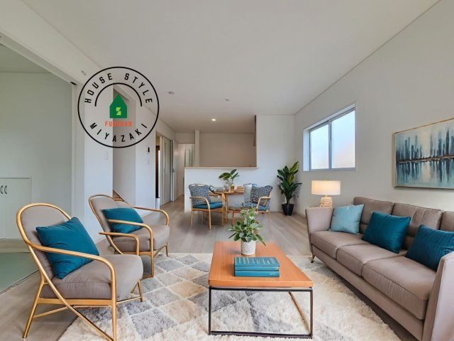 宮崎市下北方町第6-2棟（2号棟）の居間・リビング|明るく開放的なリビングダイニングは豊かな陽光が注ぎ込み、やすらぎの空間を演出してくれます。ご家族で楽しいひとときをお過ごし下さい。※家具はCGを合成したものです。同社仕様