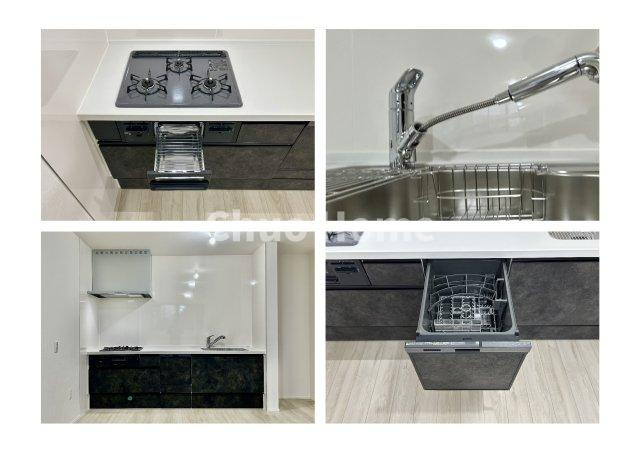 葛飾区柴又3丁目新築分譲住宅のキッチン|【システムキッチン】ワイドで収納豊富な使い勝手の良いカウンターキッチンには、食洗器や伸縮タイプのキッチン水栓、三ツ口コンロ・魚焼きグリルなどの便利な設備が標準完備されています。