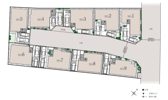 【区画図】 | 川越市大字藤間　未入居一戸建住宅　全9棟　(ふじみ野店) | 前面道路約6.2㎡以上。
ゆとりある広さで駐車も安心です。