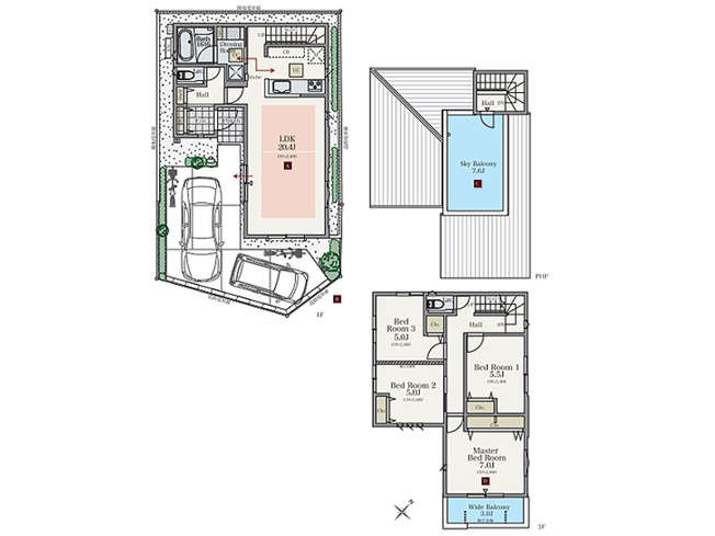 【間取り】 | 川越市大字藤間　未入居一戸建住宅　全9棟　(ふじみ野店) | LDK20.4帖。
三面彩光につき明るく風通しの良いリビングです。