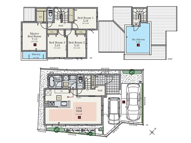 【間取り】 | 川越市大字藤間　未入居一戸建住宅　全9棟　(ふじみ野店) | LDK18.6帖。
7.1帖の広々とした主寝室は、バルコニーと隣接した開放的な空間です。