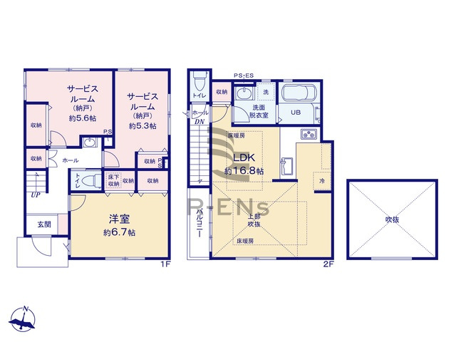 【間取り】 | 練馬区石神井台８丁目　新築戸建て　２号棟 | 吹抜けから差し込む光が、LDKをやさしく包み込む心地よい空間