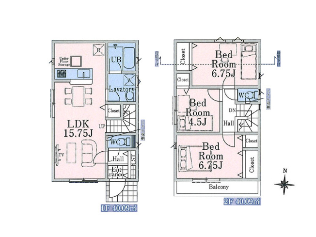 【間取り】 | 西東京市富士町1丁目　新築一戸建住宅　全1棟　(保谷店) | リビング階段と対面式キッチンを採用しご家族の仲が深まる住まい。
各居室に収納を備えた3LDKの間取りです。