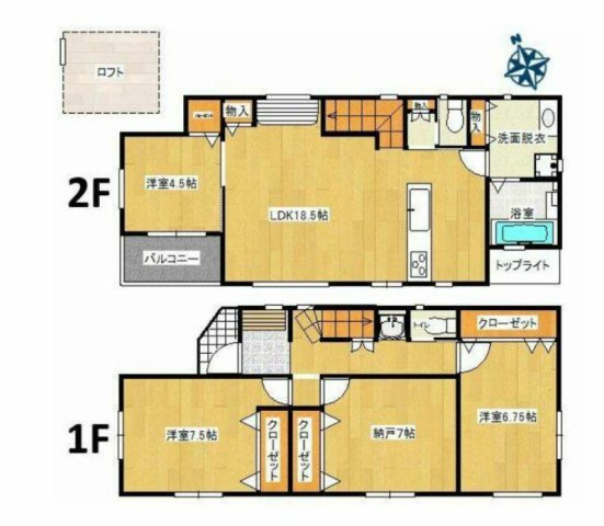 三郷市　高州1丁目　新築戸建　　全1棟のその他|間取図です　2階リビングで陽当たり良好、開放感あふれる18.5帖のLDKが魅力。収納充実の間取りに加え、ロフトや納戸も完備。家族がのびのび暮らせる快適な住まいです。