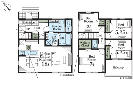さいたま市岩槻区南辻第3　1号棟の間取り|カウンターキッチンからは18帖のリビングを見渡すことができ、ご家族の会話が弾みます！リビングは広々空間でゆとりがあるので、家具の配置を楽しめます！浴室乾燥機で雨の日のお洗濯にも困らないお家です！