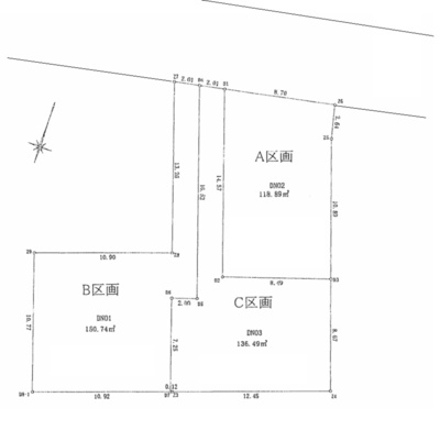 【区画図】 | 【仲介手数料２７０万円が無料！！】■南傾斜の高台につき陽当り良好■緑の多い風致地区 | 【お得な諸費用サービスキャンペーン中！】
■無料で建物プラン、見積書も可能
■Ａ区画
１１８平米
８，９９０万円
■Ｂ区画
１５０平米
８，１９０万円
■Ｃ区画
１３６平米
７，９９０万円
