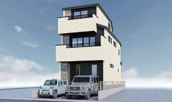 板橋区赤塚2丁目　多様な間取りプラン　省エネ邸宅　全3棟の外観パース|2号棟