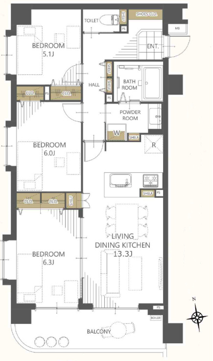 ダイアパレス花小金井の間取り|【間取り】
3LDK、価格3490万円、専有面積70.95m2、バルコニー面積9.83m2
