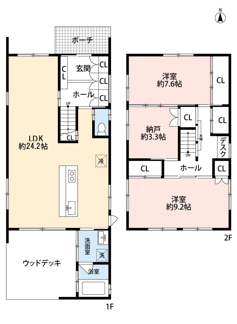 小牧市小牧5丁目　中古戸建の間取り|自然素材にこだわった、木材をふんだんに使用した家。
室内の壁には土壁採用。広々ウッドデッキ付き。
