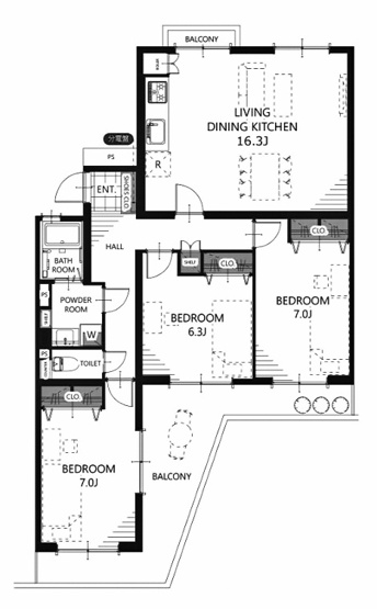 【間取り】 | 境谷西第2住宅　16号棟 | 専有面積85.57㎡