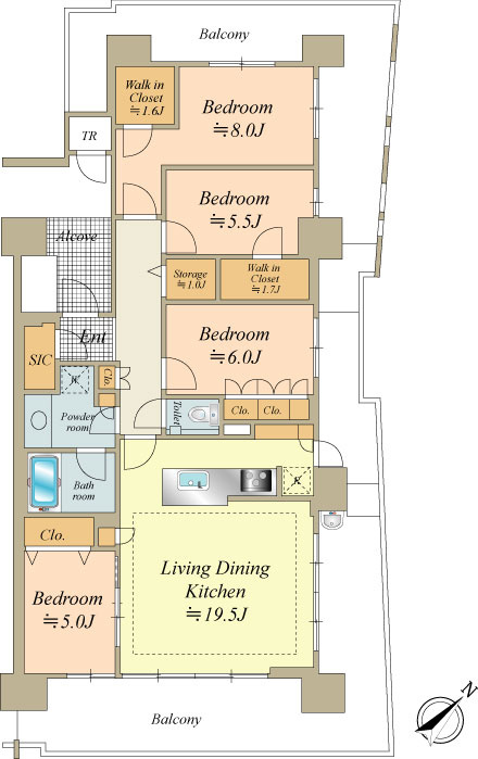 南東×北西 ×北東の三方向角部屋、二面採光の陽当たり良好なLDKとなっております。