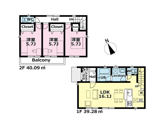 【間取り】 | 新座市畑中2丁目　新築一戸建住宅　全3棟　(丸井志木店) | 1階の16.1帖LDKは、対面キッチンを中心に家族の会話が自然と広がるくつろぎ空間。2階には5.7帖の洋室が3部屋あり、子ども部屋や寝室など用途に合わせて使い分けできます。