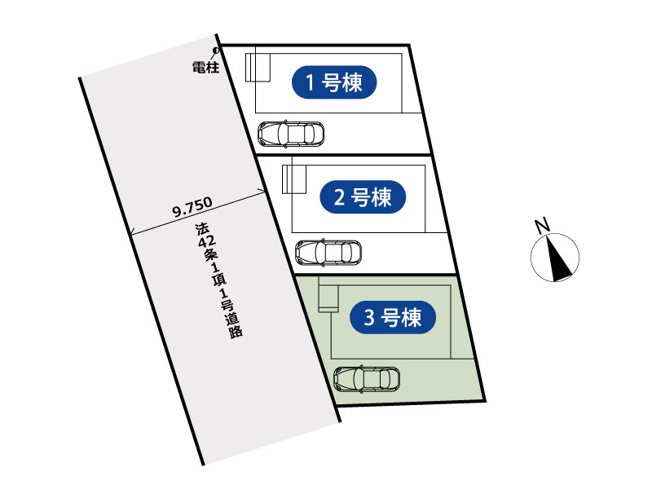 【区画図】 | 新座市畑中2丁目　新築一戸建住宅　全3棟　(丸井志木店) | 全棟カースペース完備でお車利用も安心