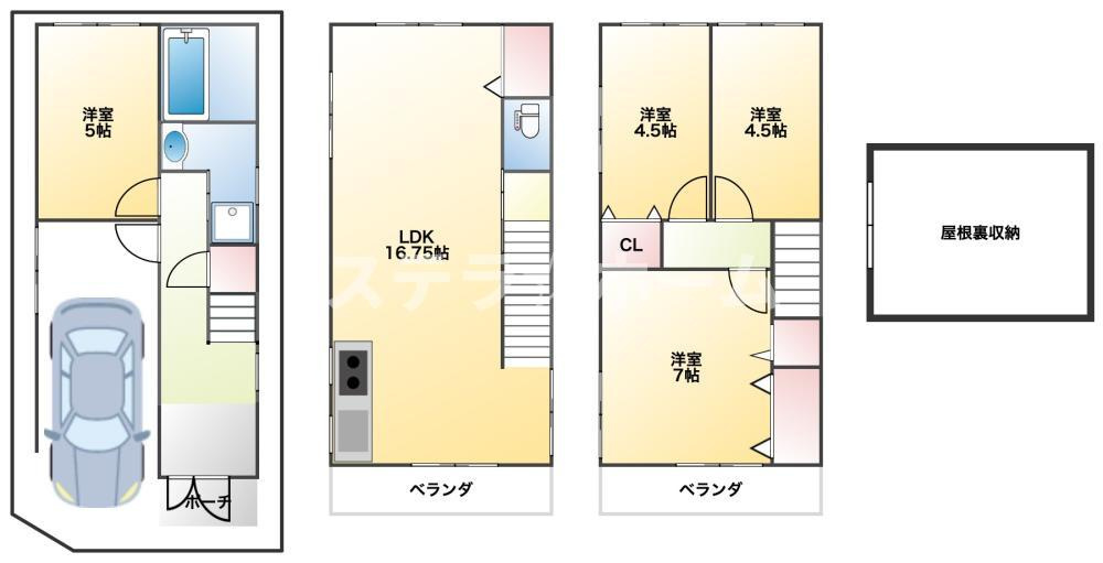 下新庄4 中古戸建の間取り|屋根裏収納付き4LDK
