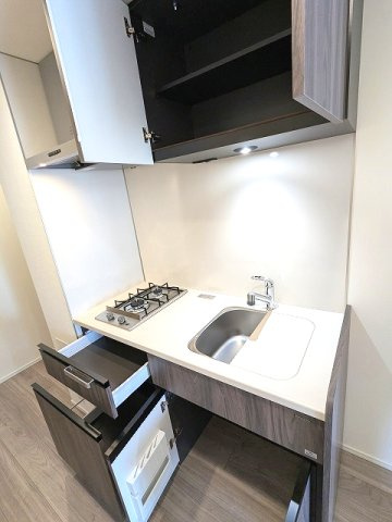 BRANSIESTA上野のキッチン|ガス2口システムキッチン、シンクにプレート付で料理しやすいです、豊富なシステム収納