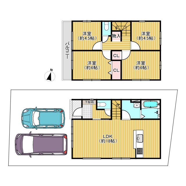 長岡京市奥海印寺門ノ町の間取り|南西向きバルコニーの2LDK+2S！
駐車場も2台可能です(^^)/