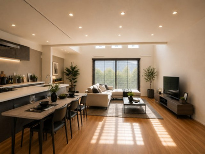 【居間・リビング】 | 4大特典　1000万分の「夢」プレゼント！新築戸建て/碑文谷3丁目 | 対面キッチンから全体を見渡すことができ、ご家族との会話や団らんが自然と生まれる心地よい住空間です（AIによるイメージです）