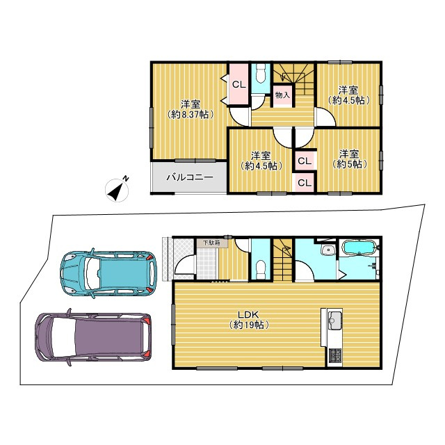 長岡京市奥海印寺門ノ町の間取り|2LDK+2S
駐車場2台可能！