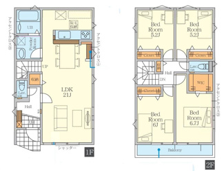 【間取り】 | 海老名市中野1丁目  1号棟 1期 | 都市ガス　網戸標準仕様　二部屋から行き来できる南向きバルコニー　食洗機・浄水器　浴室乾燥機+窓　リビング収納　全居室収納　LDK21帖