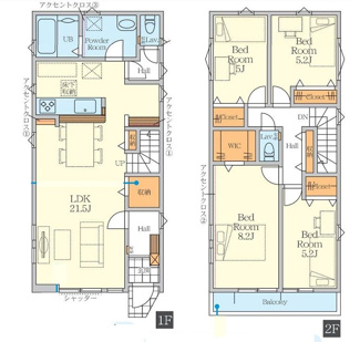 【間取り】 | 海老名市中野1丁目  2号棟 1期 | 都市ガス　網戸標準仕様　二部屋から行き来できる南向きバルコニー　食洗機・浄水器　浴室乾燥機+窓　リビング収納　全居室収納　LDK21.5帖