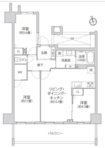 グローリオ板橋本町の間取り|専有面積69.10㎡の3LDK 3室ばるこにーに面した明るい間取りとなっており、WICなど収納も豊富です