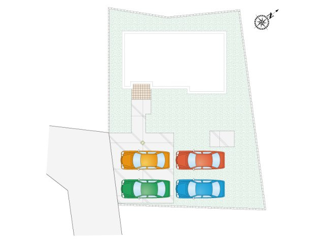 【1号棟：区画図・駐車場配置図】合計4台以上駐車可能です！周辺道路は交通量が少ない為、お子様のいらっしゃるご家庭でも安心です。