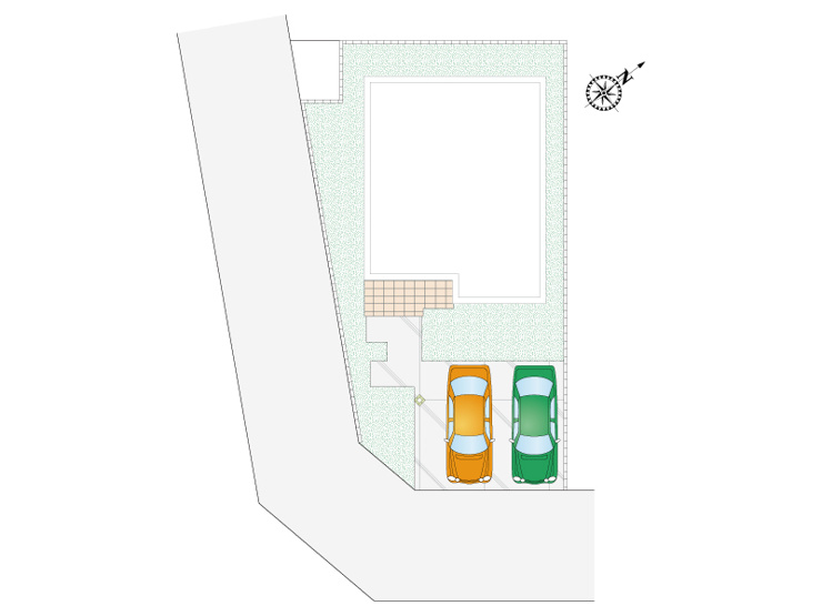 【2号棟：区画図・駐車場配置図】並列2台駐車可能です！周辺道路は交通量が少ない為、お子様のいらっしゃるご家庭でも安心です。