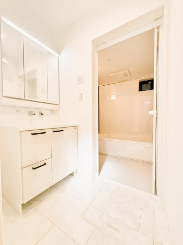 足立区西新井５丁目　中古戸建の独立洗面台|清潔感のある色で統一されたプライベート空間は、身だしなみチェックや肌のお手入れに最適です。収納もあり、スッキリと見映えの良い空間に拵えました。