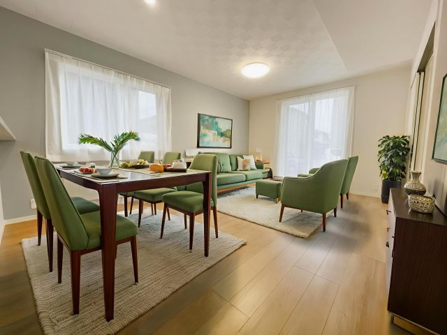 新築戸建・建売　矢吹町東郷　モデルハウス　善郷小・矢吹中の居間・リビング|画像はAI加工による演出で、実際の家具は付きません。