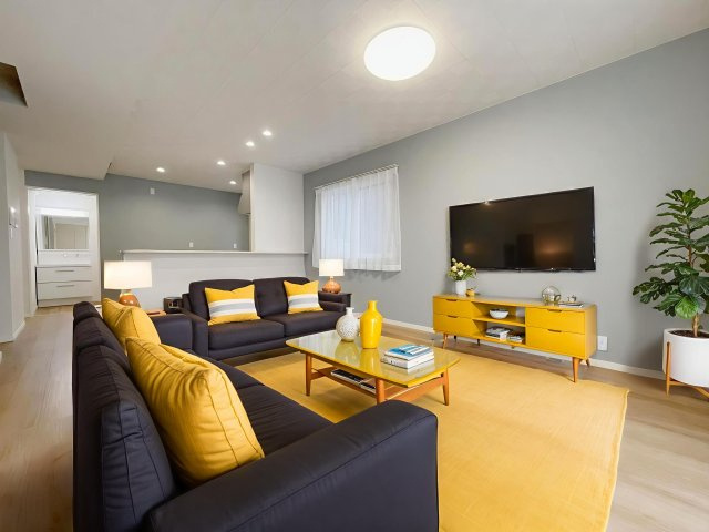 新築戸建・建売　矢吹町東郷　モデルハウス　善郷小・矢吹中の居間・リビング|画像はAI加工による演出で、実際の家具は付きません。