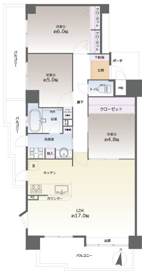 【間取り】 | スカイハイツ神松寺 | 5階南西角部屋で室内の陽当り眺望です。ペットOKなのでお探しの方におススメです
