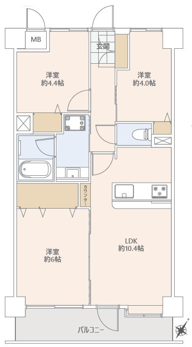 ライオンズマンション与野本町第5の間取り|リビング10.4帖、洋室6帖はバルコニーに接しており南東向きで日当たり良好です。対面式キッチンからはリビング全体を見渡すことができ、家族の会話を弾ませながらお料理をすることができます！