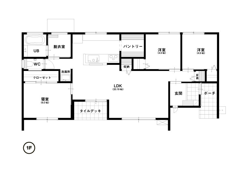 万代ホーム様　西浜新築一戸建ての間取り|LDKは20畳で広々。リビングとダイニングが緩やかにゾーニングされていて、空間にメリハリが生まれます。
