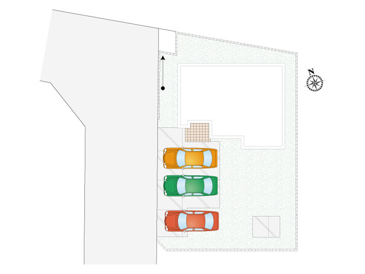 久喜市菖蒲町菖蒲（全9区画）1号棟　区画図　車並列3台駐車可能です。（車種による）
外水栓があるので、ホースをつなげば、洗車やガーデニングなどにもご活用いただけます。