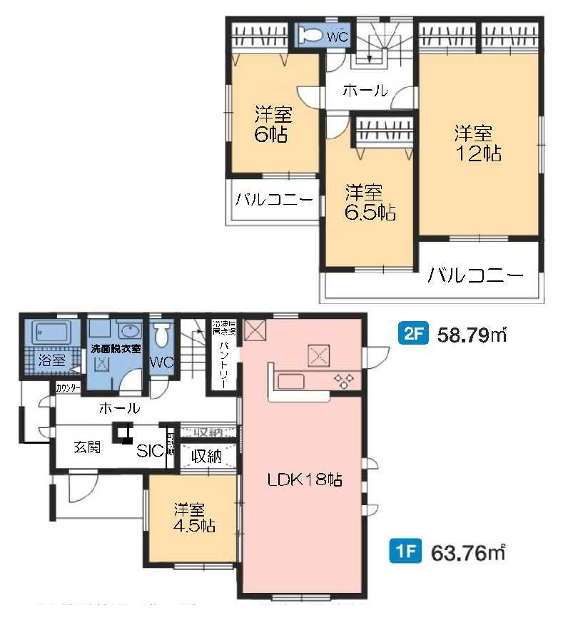 新築　前橋市富士見町時沢第3　9号棟の間取り|建物面積122.55㎡　広々18帖のLDK・全居室南向き♪シューズインクローク・各部屋収納付きで便利！日当たりの良い二部屋分のバルコニーはお洗濯物もよく乾きそうです◎
						
