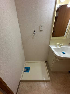 【設備】 | ライリッヒ・ストーレ | 洗面所内、シャンプードレッサー横にある室内洗濯機置き場です♪防水パンが付いているので万が一の漏水にも安心です！