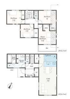 【間取り】 | 秦野市北矢名  2号棟 第1 | シャッター2箇所付　Ｗロック電気錠　宅配BOX付機能門柱　食洗機・カップボード　浴室乾燥機　各部屋収納（WIC2箇所）