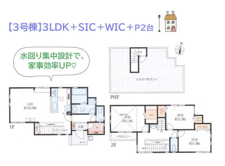 【現地画像あり】　厚木市下川入　全６棟　3号棟の間取り|室内各所には充実の収納スペース（SIC・WIC他）を確保！　
上部吹抜であふれる開放感が魅力的！
インテリアに統一感生まれる全室洋室・3LDKのお住まいです♪