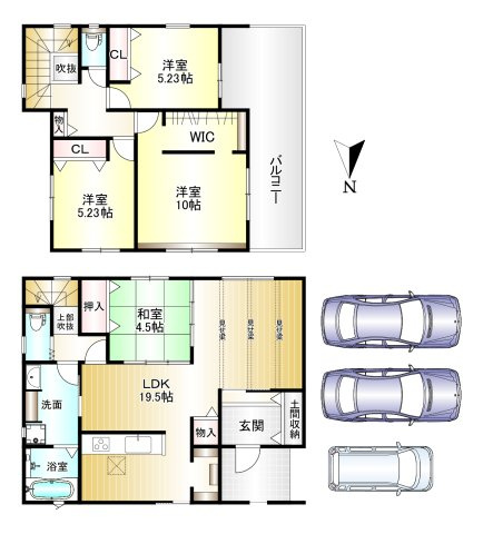 橿原市曲川3丁目全5区画の間取り|4LDK　土地面積：132.25ｍ2　建物面積：106.81ｍ2　駐車可普通：2台軽：1台