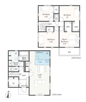 【間取り】 | 秦野市北矢名  5号棟 第1 | シャッター2箇所付　Ｗロック電気錠　宅配BOX付機能門柱　食洗機・カップボード　浴室乾燥機　全居室収納（WIC2箇所）