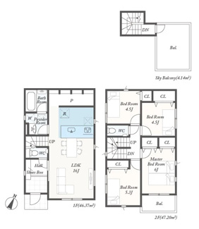 【間取り】 | 大和市上草柳6丁目  3号棟 第2 | 都市ガス　屋上バルコニー+バルコニー　シャッター5箇所付　Ｗロック電気錠　宅配BOX付機能門柱　食洗機　浴室乾燥機　各部屋収納